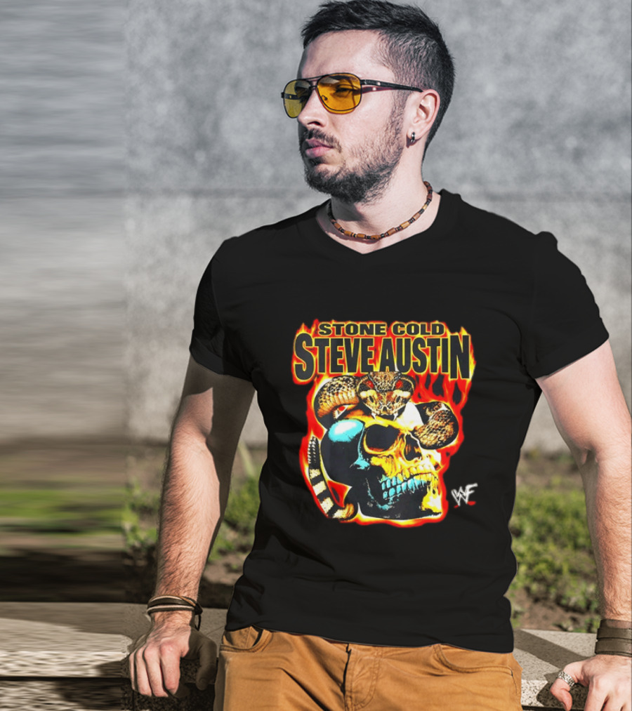 Stone Cold Steve Austin Flaming Skull Snake WWF T-Shirt