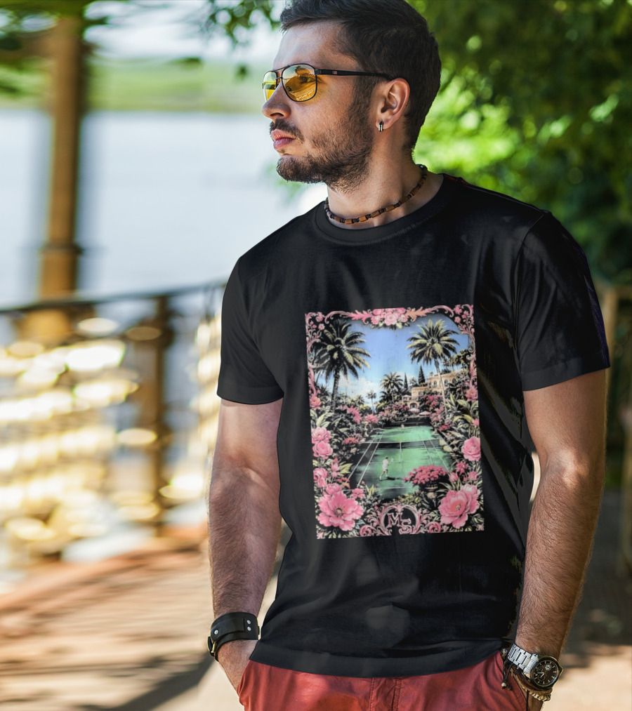Tennis Players On Mansion Court MS Initials With Pink Floral Frame T-Shirt