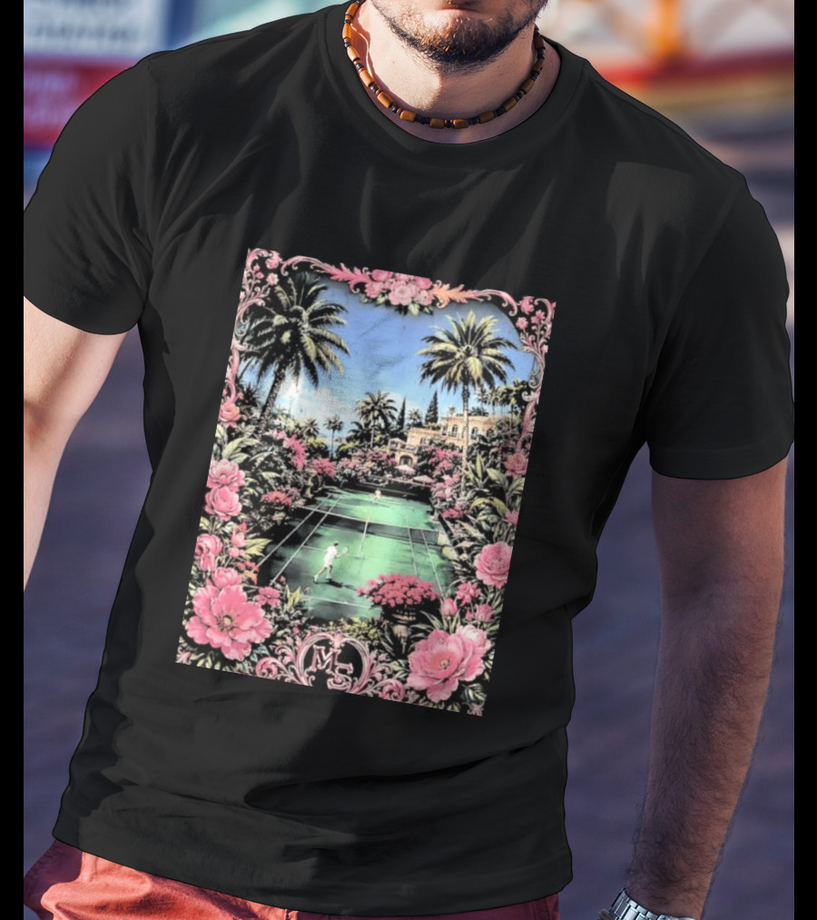 Tennis Players On Mansion Court MS Initials With Pink Floral Frame T-Shirt