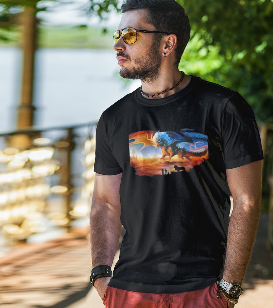 Giant Dragon In Radiant Golden Light With Blue And Orange Wings T-Shirt