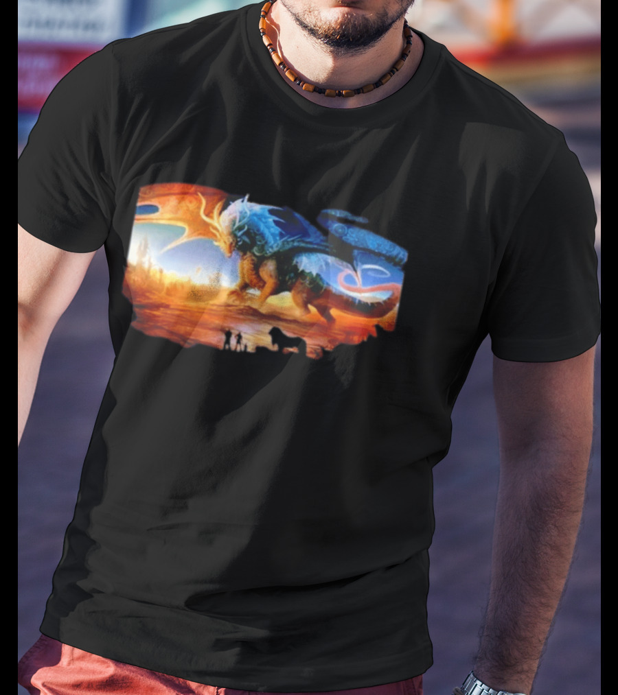 Giant Dragon In Radiant Golden Light With Blue And Orange Wings T-Shirt