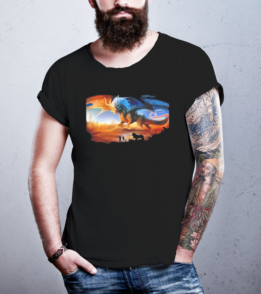 Giant Dragon In Radiant Golden Light With Blue And Orange Wings T-Shirt