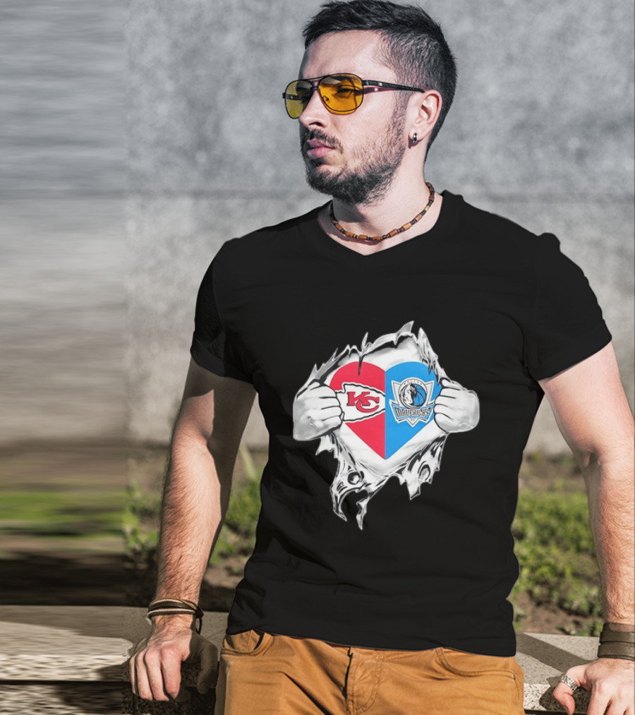 Kansas City Chiefs Dallas Mavericks Heart Ripped Open NFL NBA Crossover Fan Gear T-Shirt