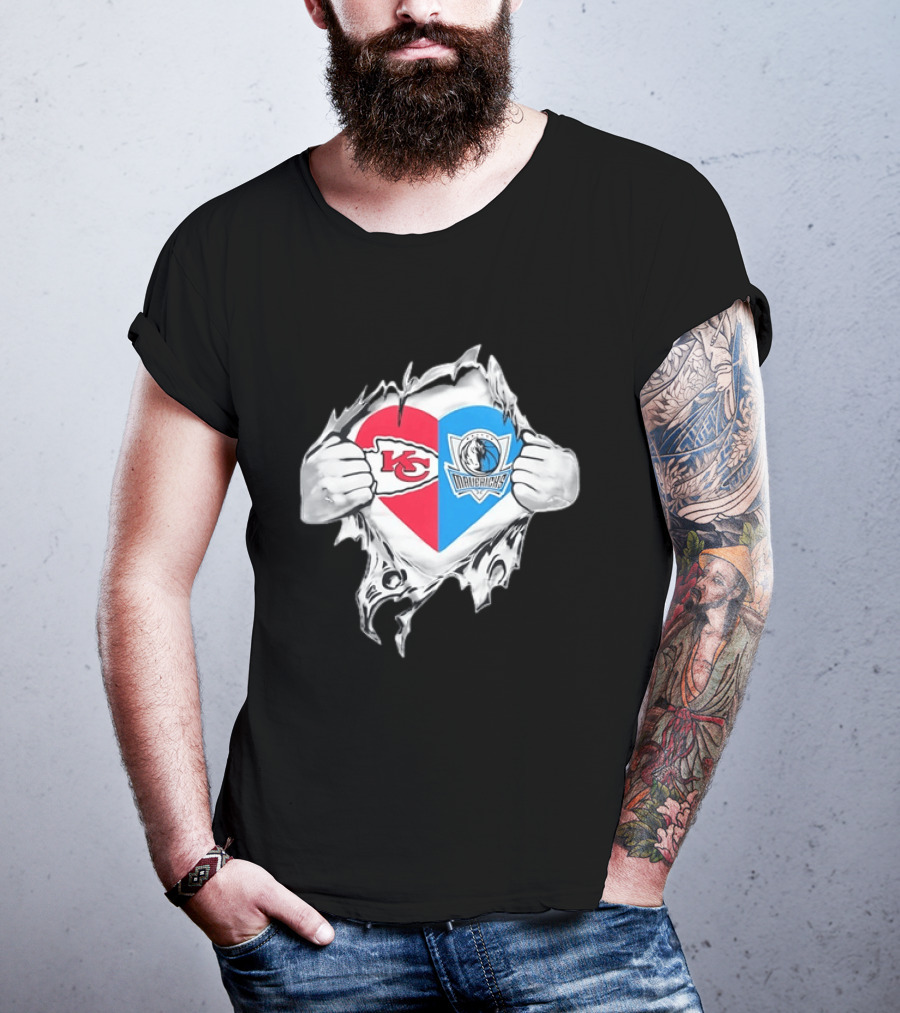 Kansas City Chiefs Dallas Mavericks Heart Ripped Open NFL NBA Crossover Fan Gear T-Shirt