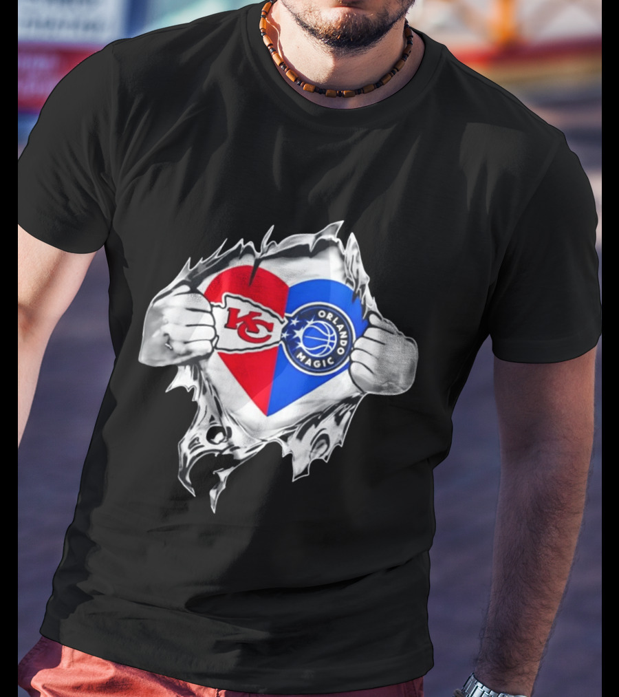 Kansas City Chiefs And Orlando Magic Heart Tear Open T-Shirt
