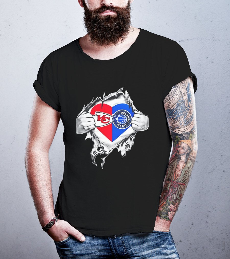 Kansas City Chiefs And Orlando Magic Heart Tear Open T-Shirt