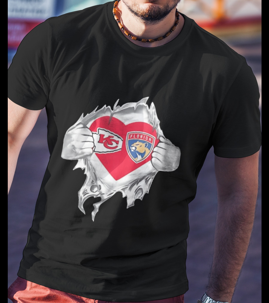 KC Chiefs Florida Panthers Heart Ripped Chest Kansas City NFL Florida NHL Fans T-Shirt