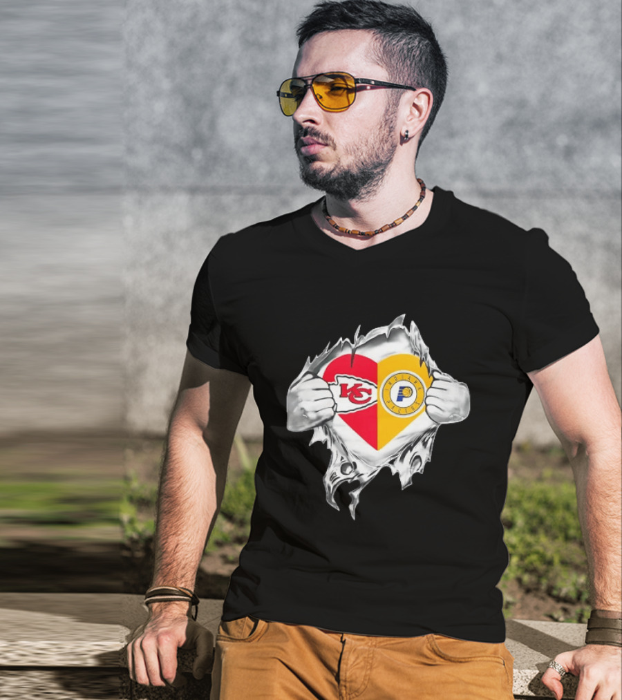 Kansas City Chiefs Indiana Pacers Heart Torn Open T-Shirt