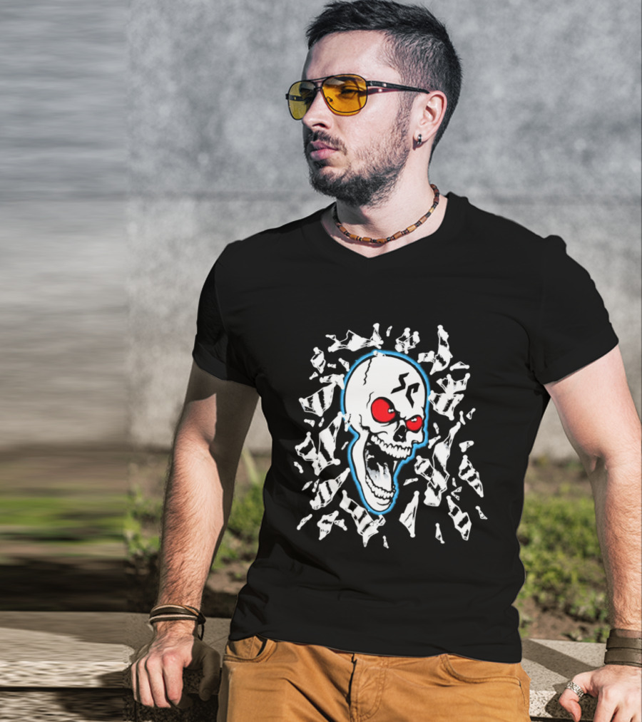 SC Skull Breaking Glass Explosive Red Eyes Fractured Blue T-Shirt