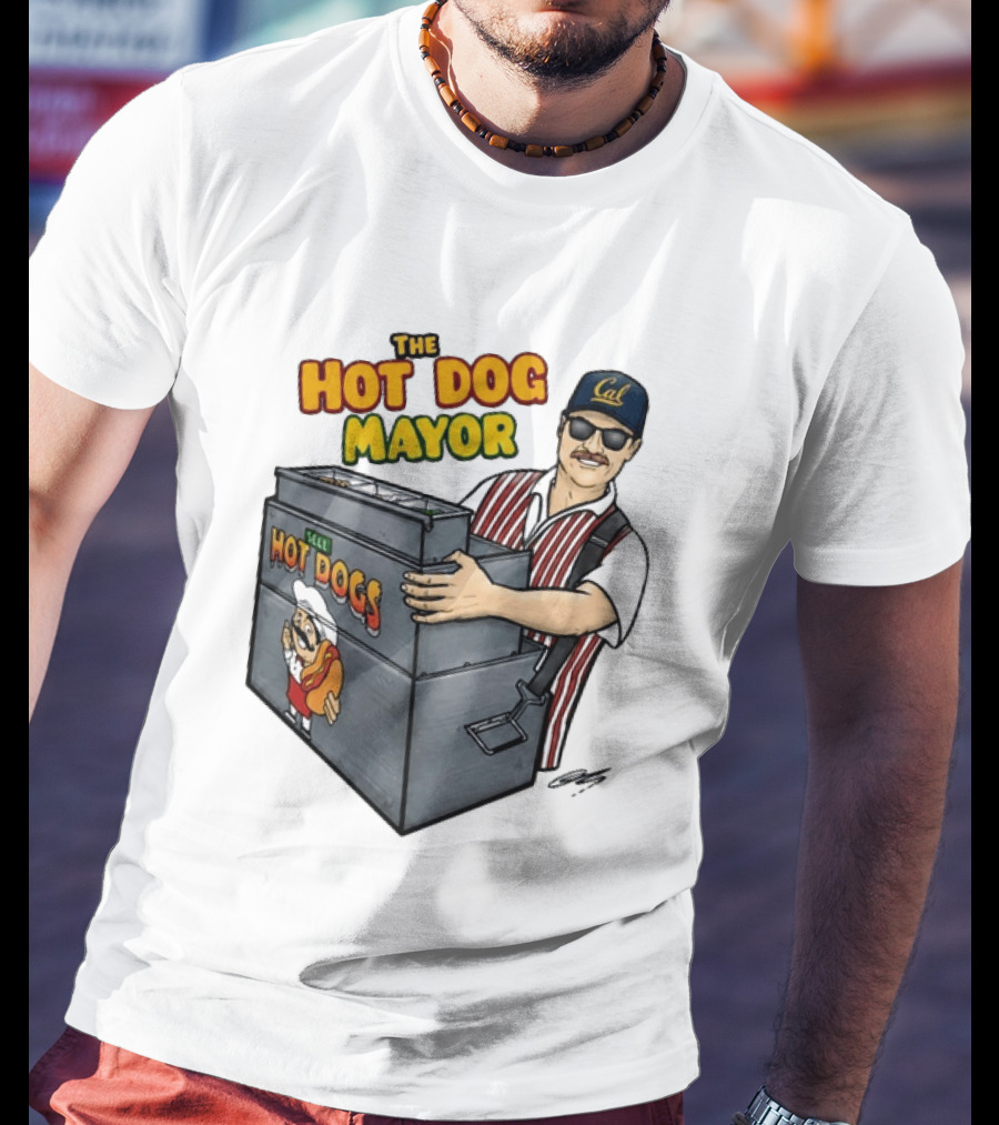 The Hot Dog Mayor Vendor With Cal Hat And Hot Dogs Cart T-Shirt
