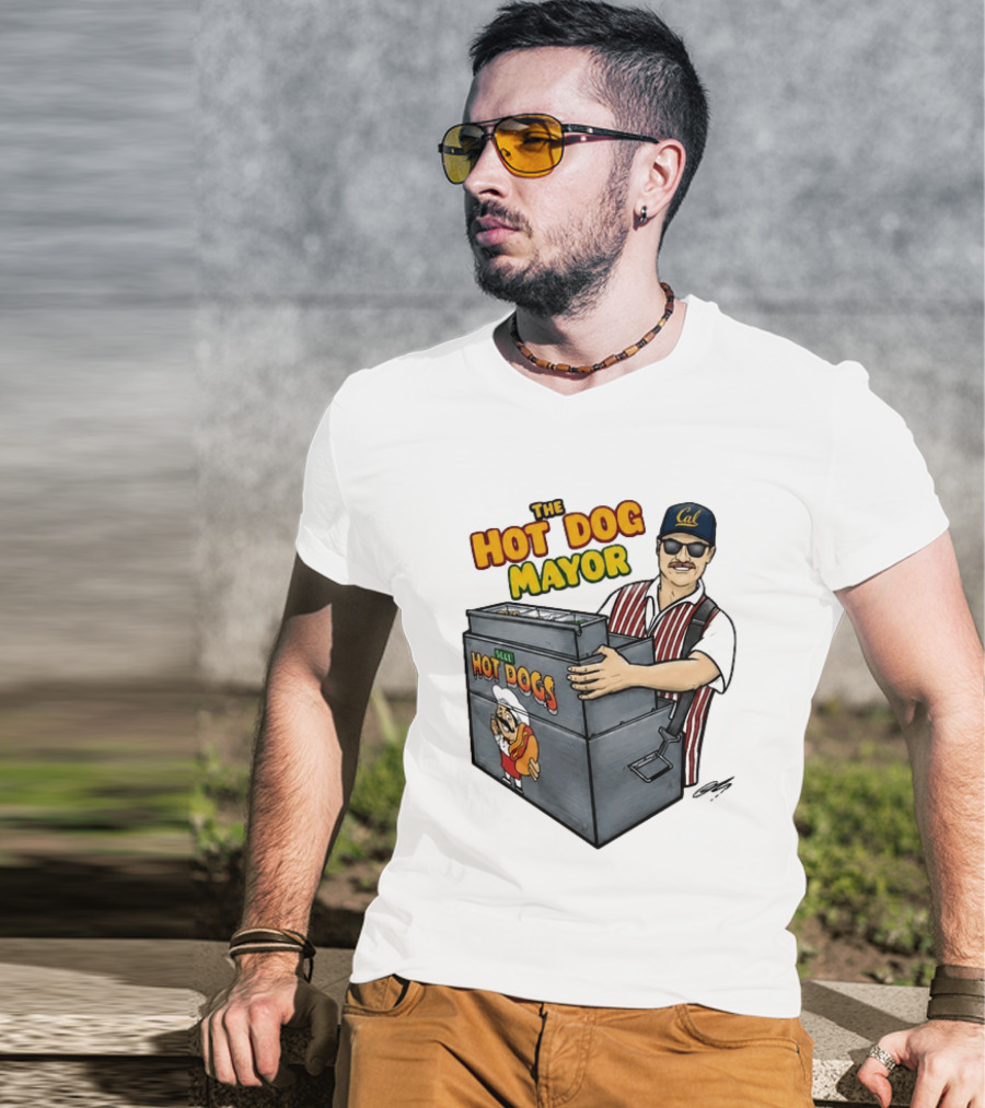 The Hot Dog Mayor Vendor With Cal Hat And Hot Dogs Cart T-Shirt
