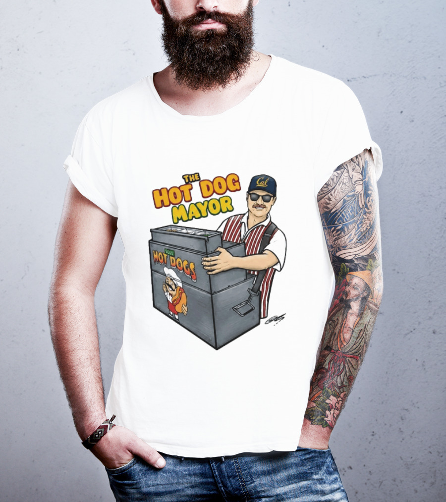 The Hot Dog Mayor Vendor With Cal Hat And Hot Dogs Cart T-Shirt