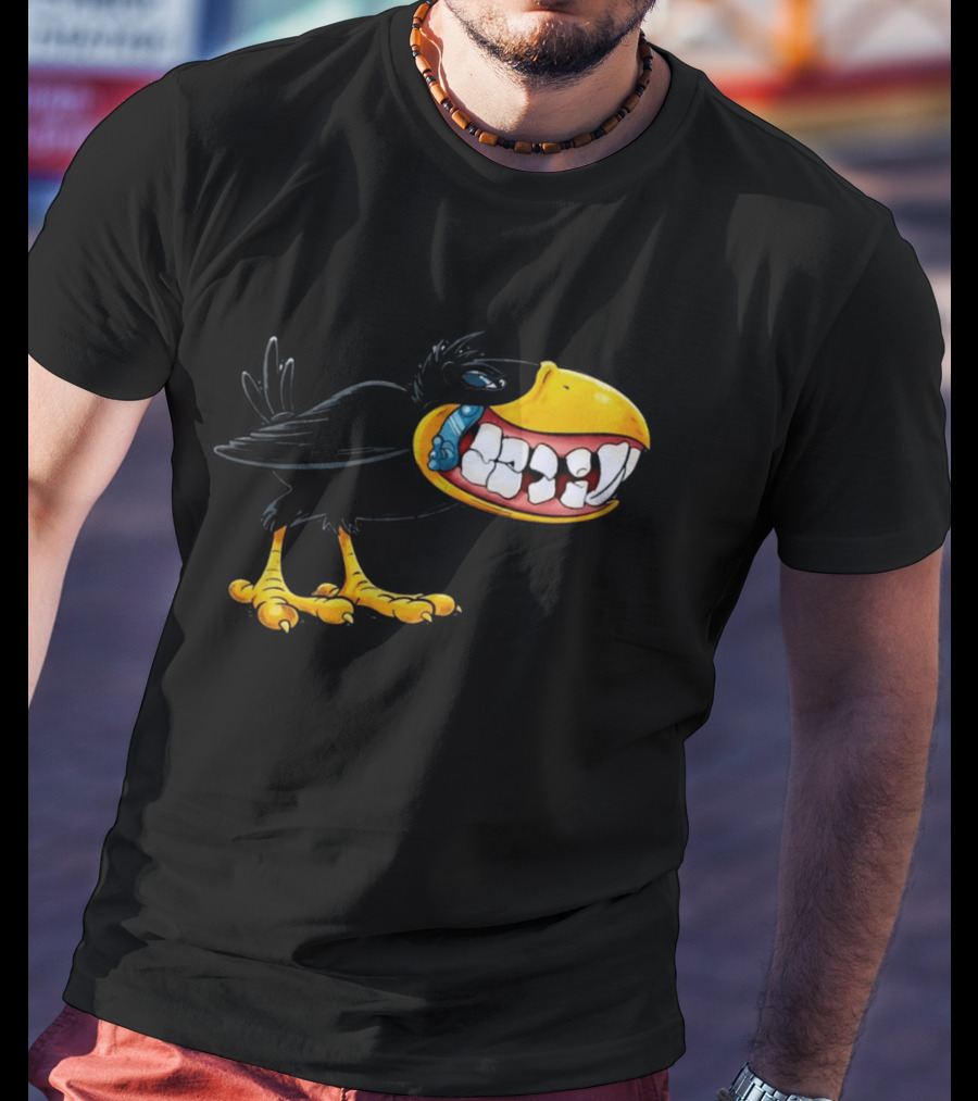 Crow With Huge Teeth Cartoon Blue Phone Green T-Shirt