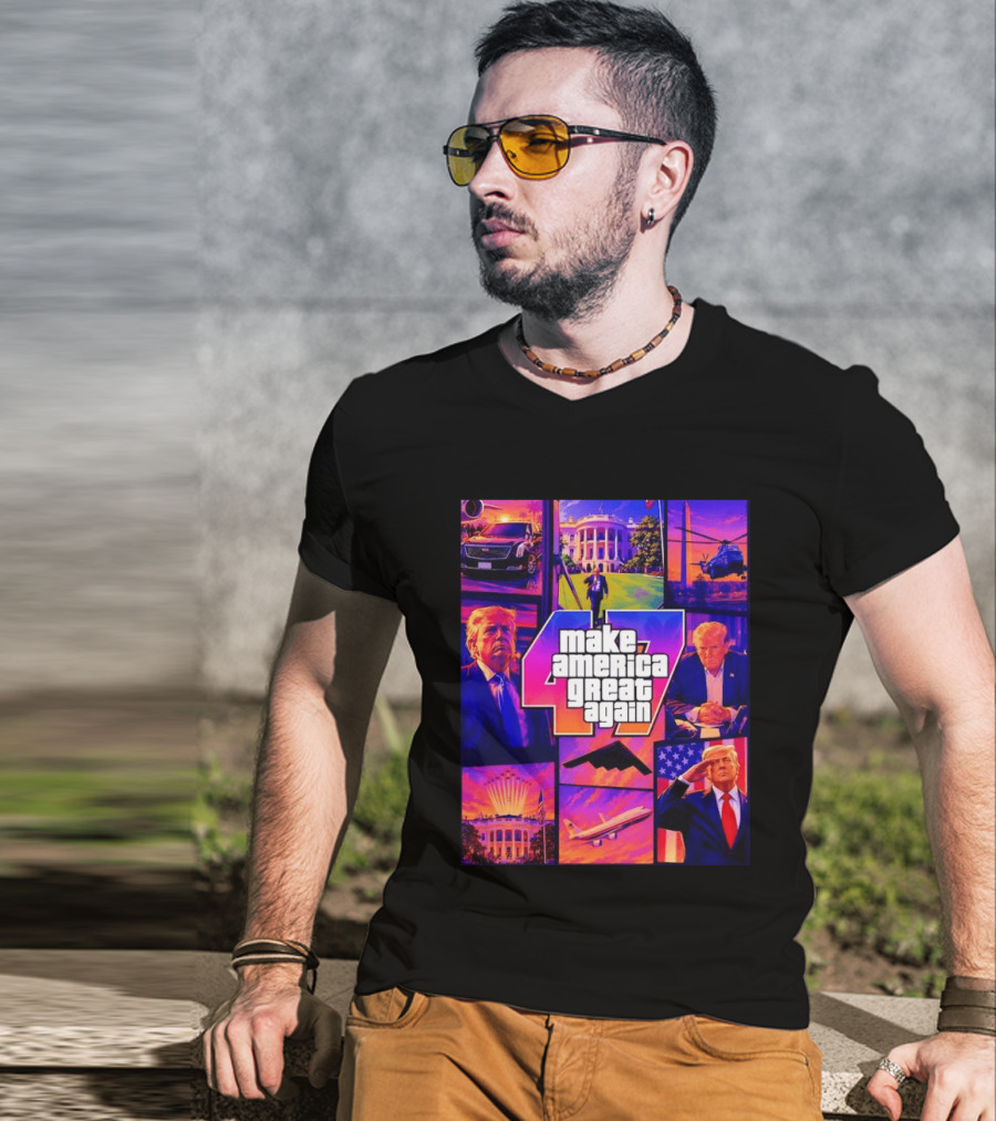 Make America Great Again GTA 47 Parody Trump White House Military Aircraft Montage T-Shirt