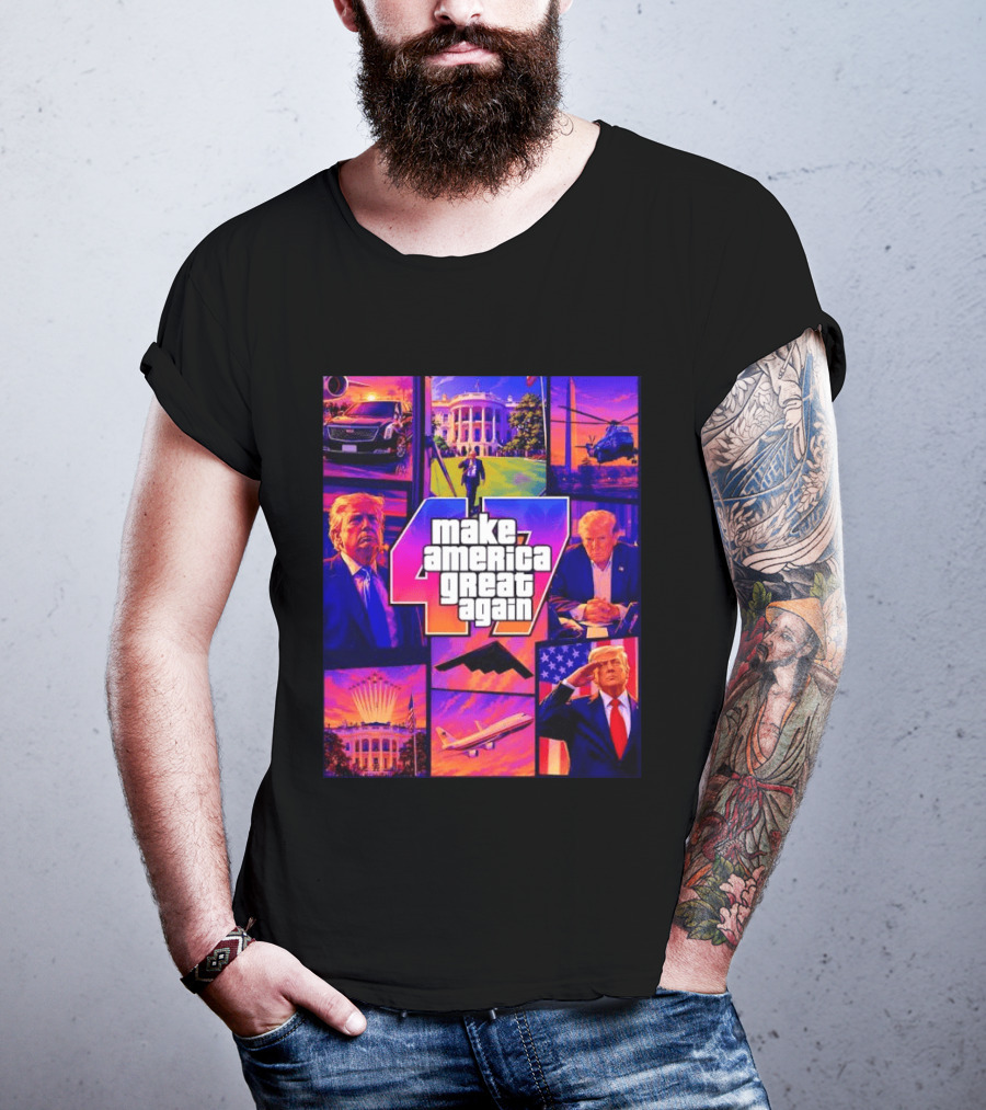 Make America Great Again GTA 47 Parody Trump White House Military Aircraft Montage T-Shirt