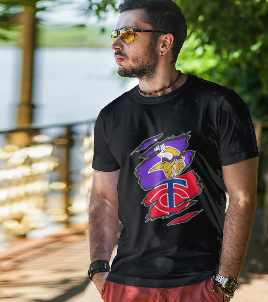 Minnesota Vikings Minnesota Twins Iconic Team Collaboration Ripped T-Shirt