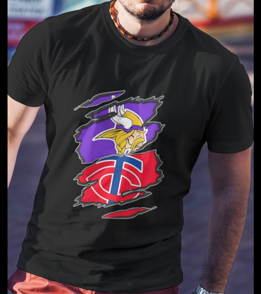 Minnesota Vikings Minnesota Twins Iconic Team Collaboration Ripped T-Shirt