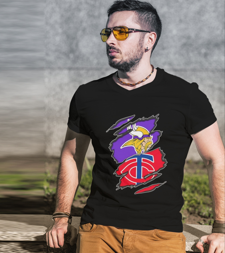 Minnesota Vikings Minnesota Twins Iconic Team Collaboration Ripped T-Shirt