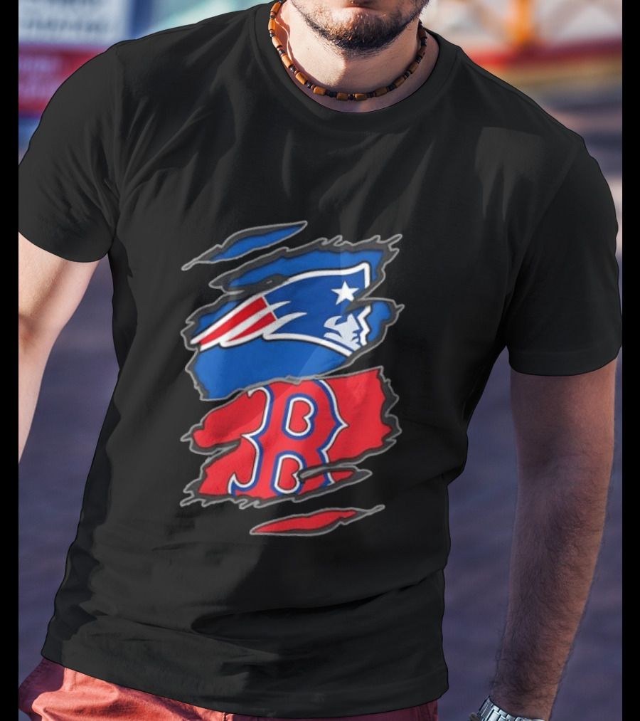 Patriots Red Sox Ripped Design New England Boston Sports Fan T-Shirt