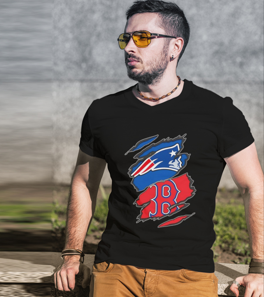 Patriots Red Sox Ripped Design New England Boston Sports Fan T-Shirt