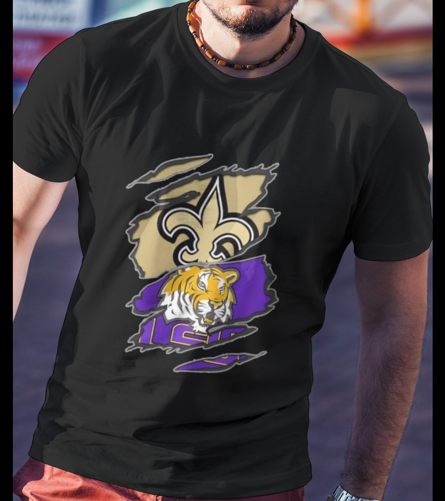 New Orleans Saints LSU Tigers Football Louisiana Logos Ripped T-Shirt