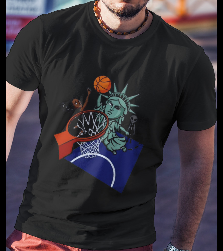 Statue Of Liberty Basketball Dunk With Alien And Athlete Joe Maracic T-Shirt