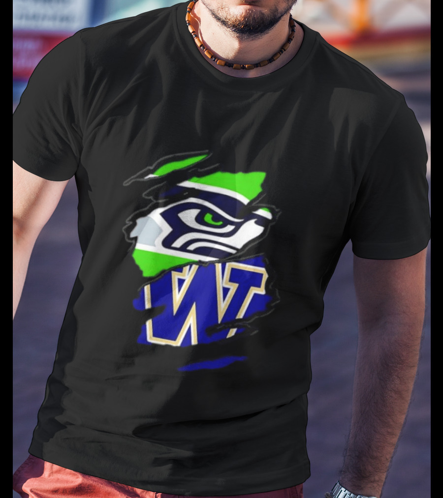 Seattle Seahawks Washington Huskies Ripped Through Logos T-Shirt