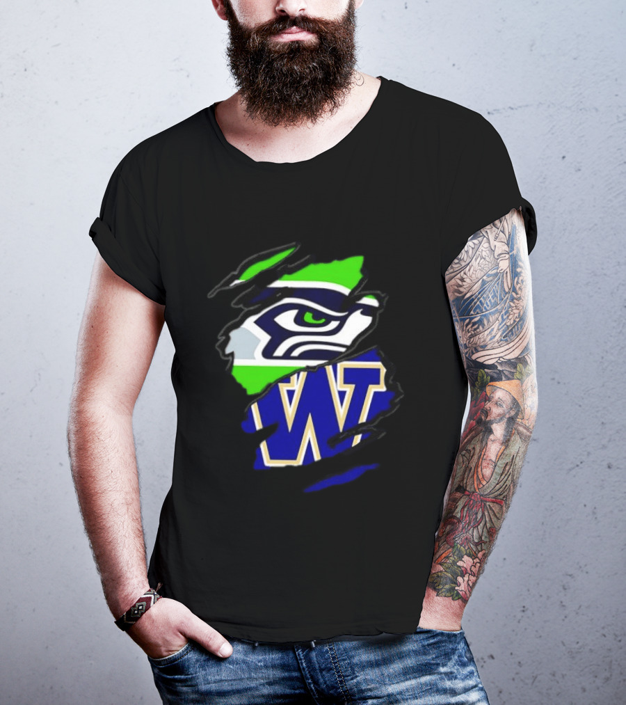 Seattle Seahawks Washington Huskies Ripped Through Logos T-Shirt