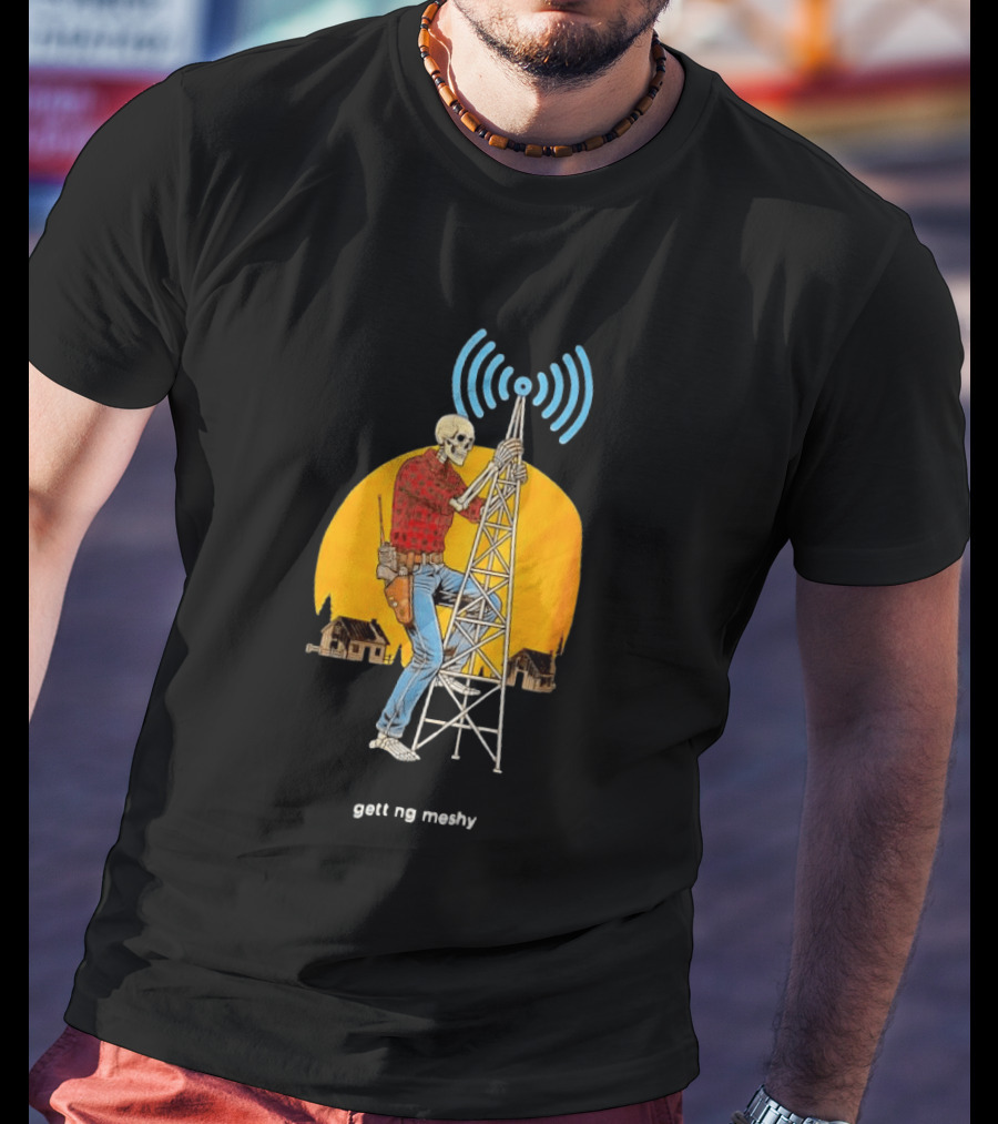 Skeleton Climbing Tower With Radio Waves Retro Scene T-Shirt