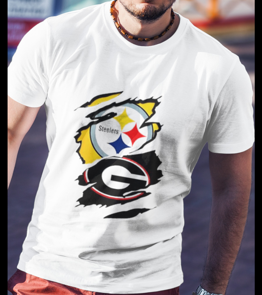 Pittsburgh Steelers Georgia Bulldogs NCAA Football Ripped Torn Effect T-Shirt