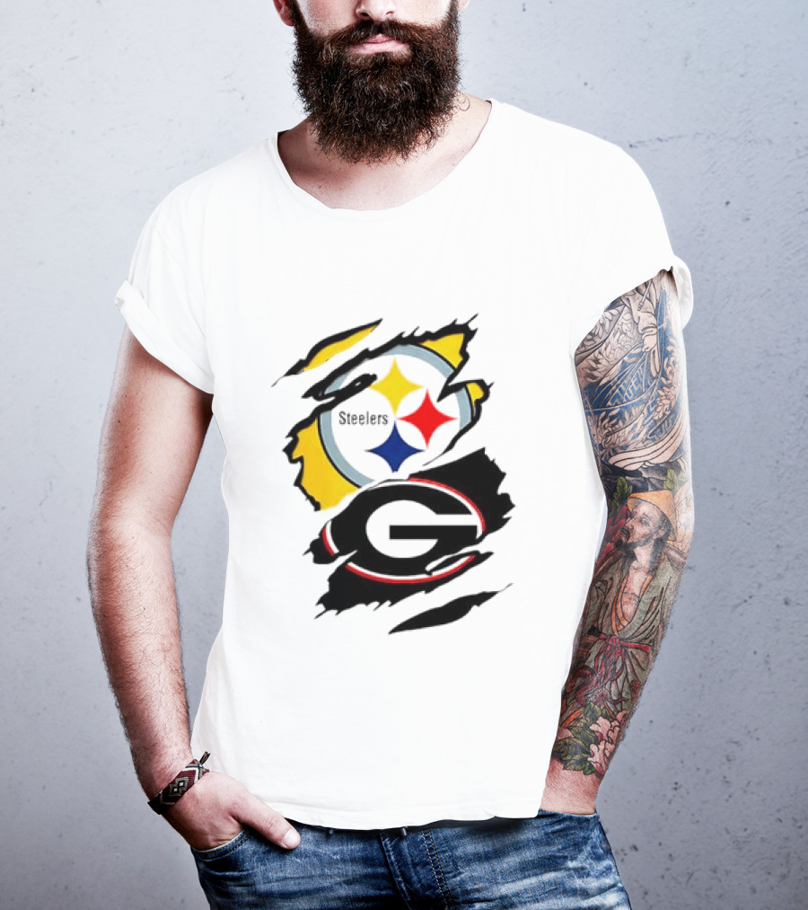 Pittsburgh Steelers Georgia Bulldogs NCAA Football Ripped Torn Effect T-Shirt