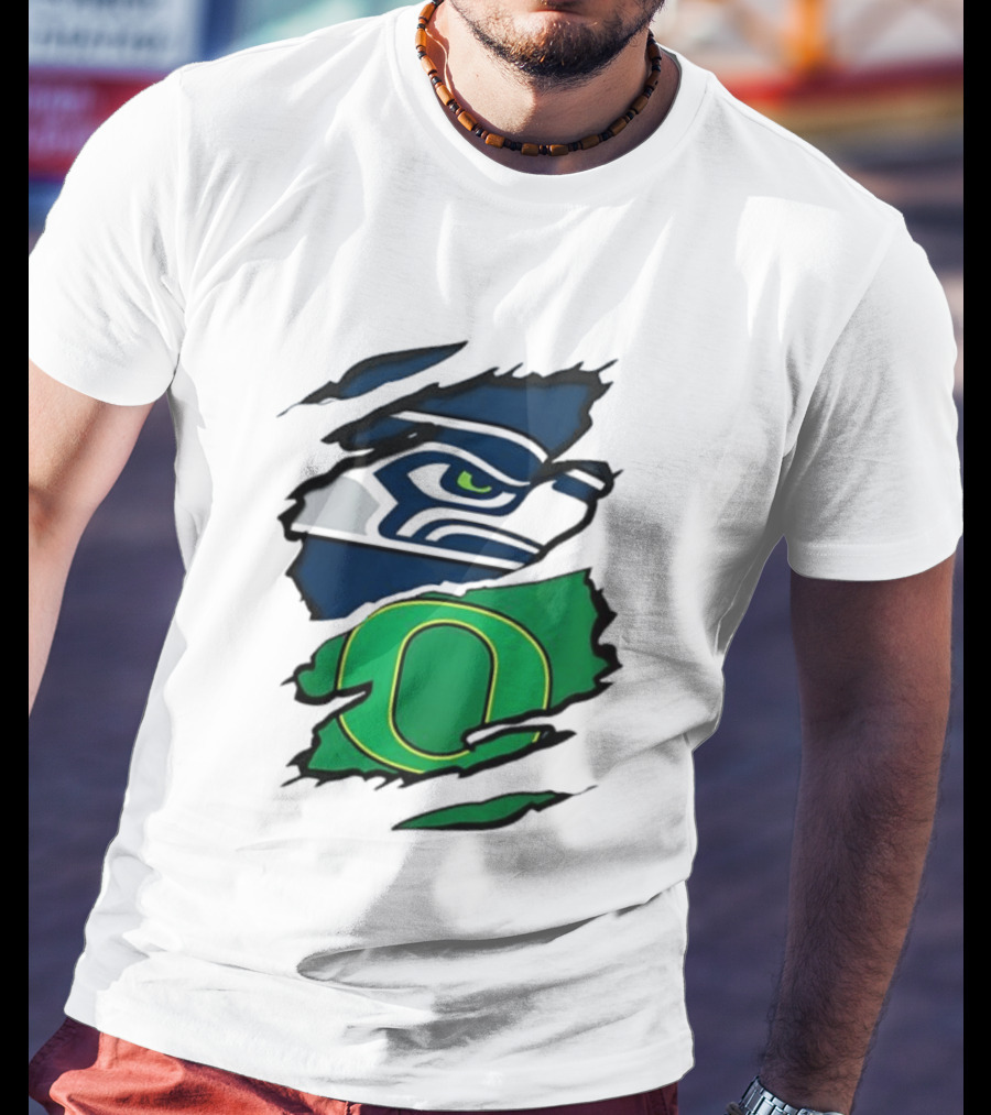 Seattle Seahawks Oregon Ducks Ripped Skin Effect NFL College Team Spirit T-Shirt