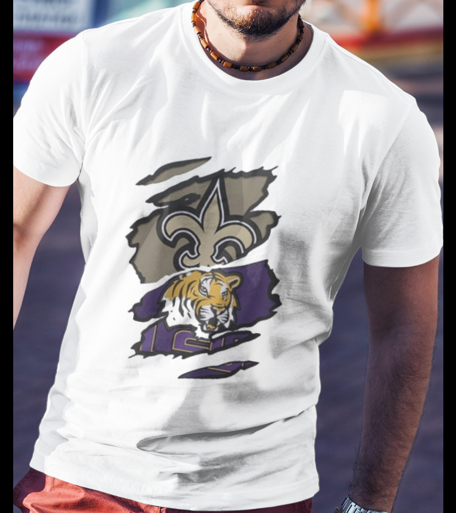 New Orleans Saints LSU Tigers Beneath The Surface Fleur De Lis Tiger Split T-Shirt