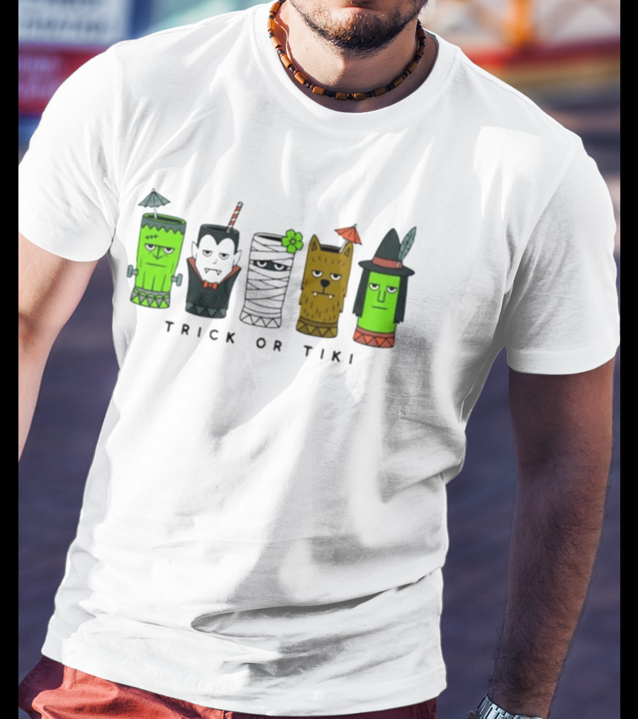 Trick Or Tiki Frankenstein Vampire Mummy Werewolf Witch Halloween T-Shirt