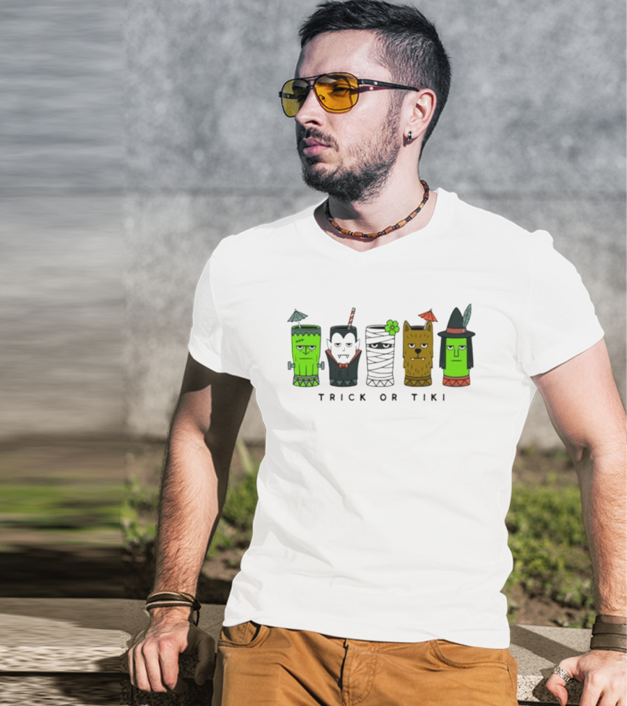 Trick Or Tiki Frankenstein Vampire Mummy Werewolf Witch Halloween T-Shirt