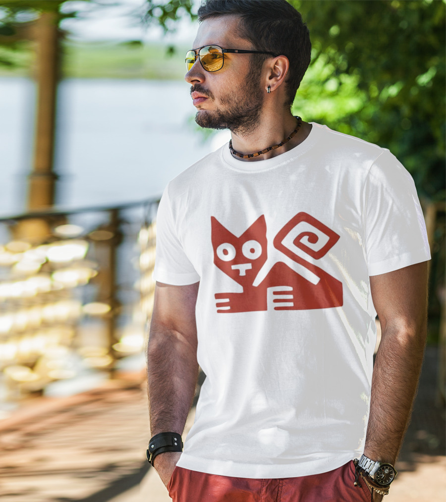 Peruvian Cat Nazca Lines Style Geometric Red T-Shirt