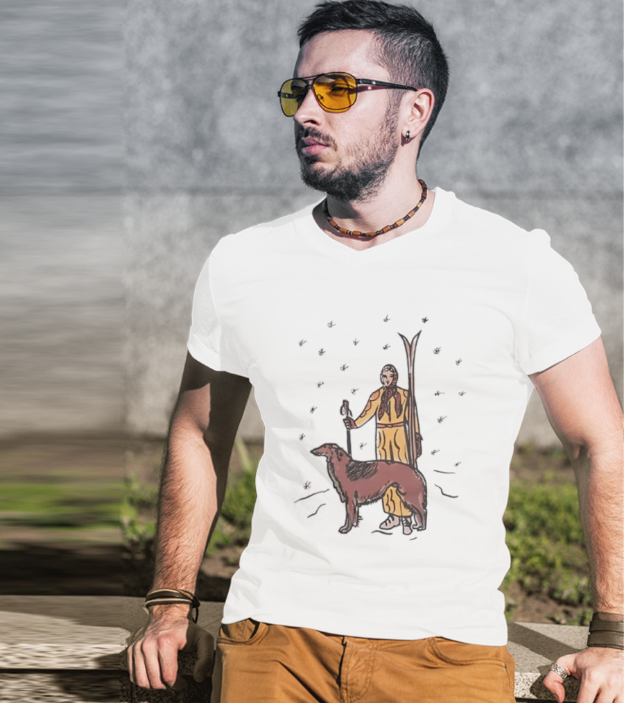 Woman Skiing With Borzoi Dog In Winter Sports Scene T-Shirt