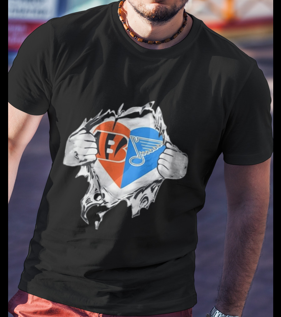 Bengals Blues Tattered Heart Shape Split Symbol With Hands T-Shirt