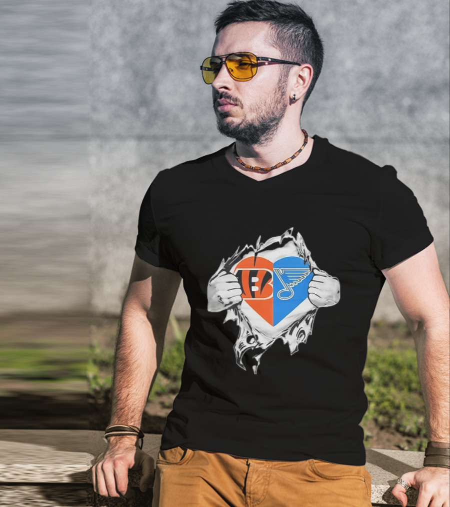 Bengals Blues Tattered Heart Shape Split Symbol With Hands T-Shirt