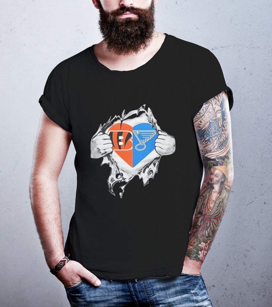 Bengals Blues Tattered Heart Shape Split Symbol With Hands T-Shirt