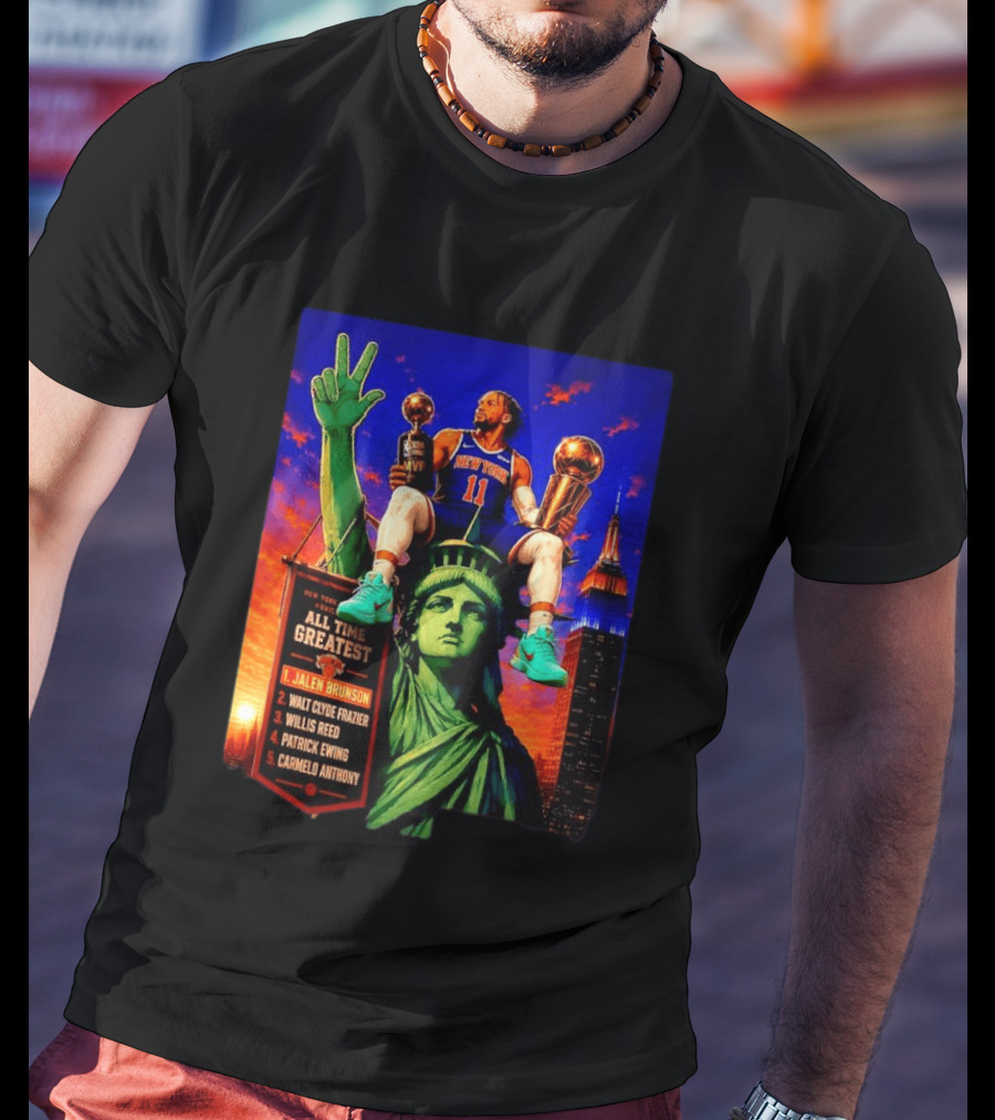 Jalen Brunson New York Knicks All Time Greatest List Liberty Statue T-Shirt