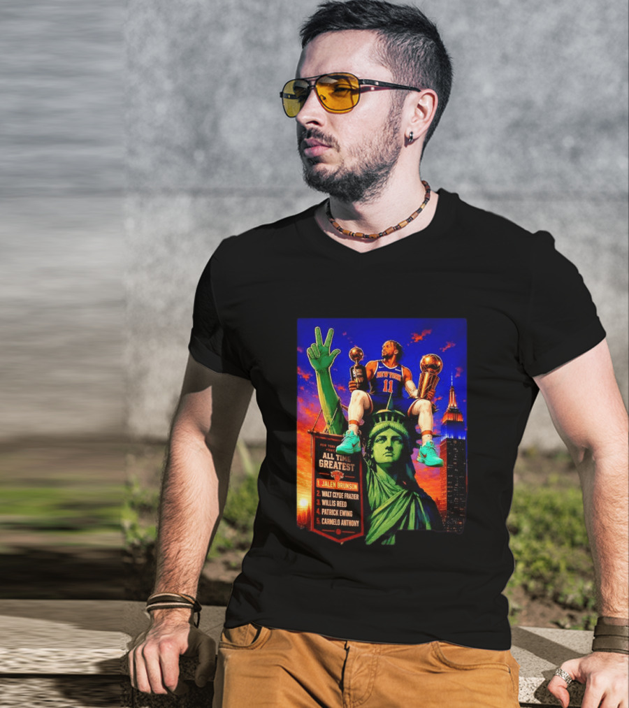 Jalen Brunson New York Knicks All Time Greatest List Liberty Statue T-Shirt