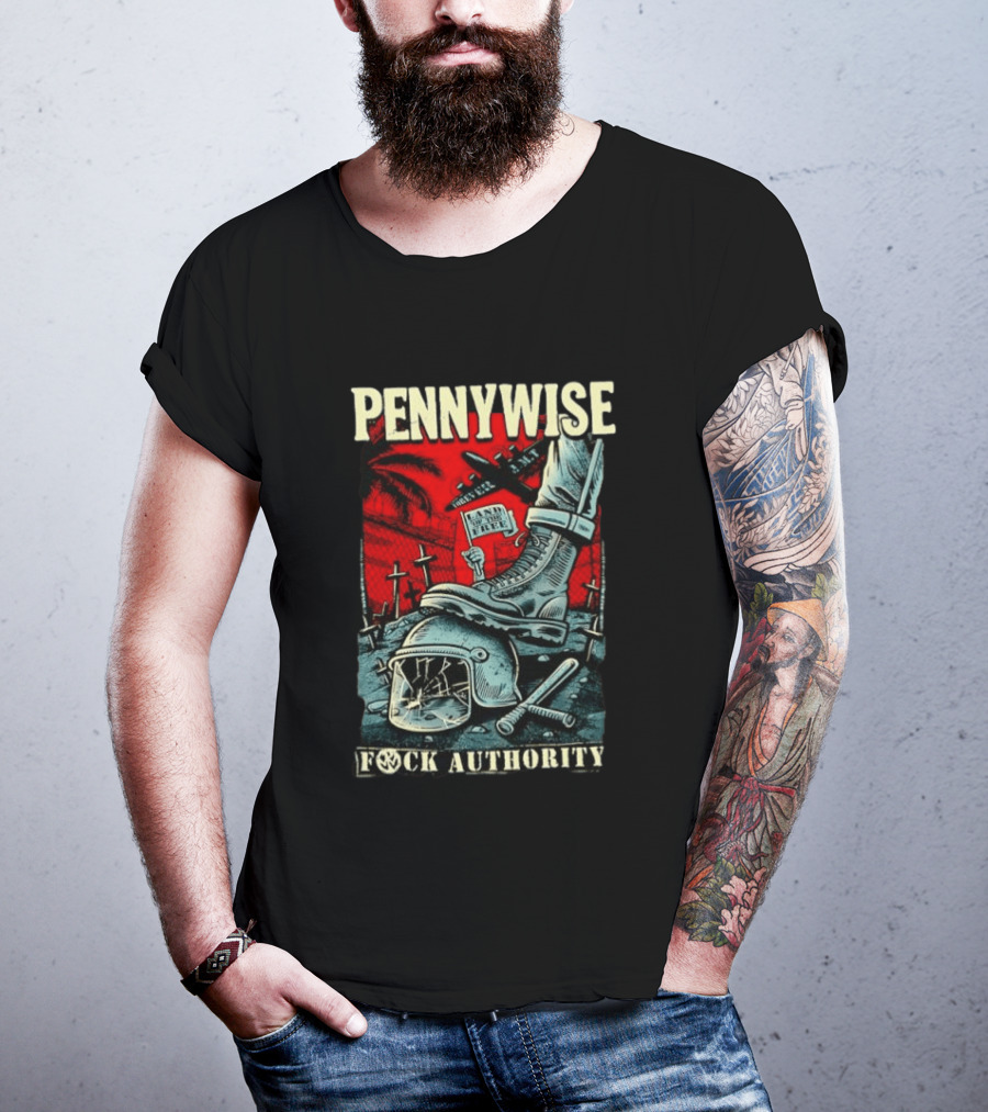 Pennywise Fock Authority Land Of The Free Forever Dystopian Punk Imagery With Boot And Helmet T-Shirt