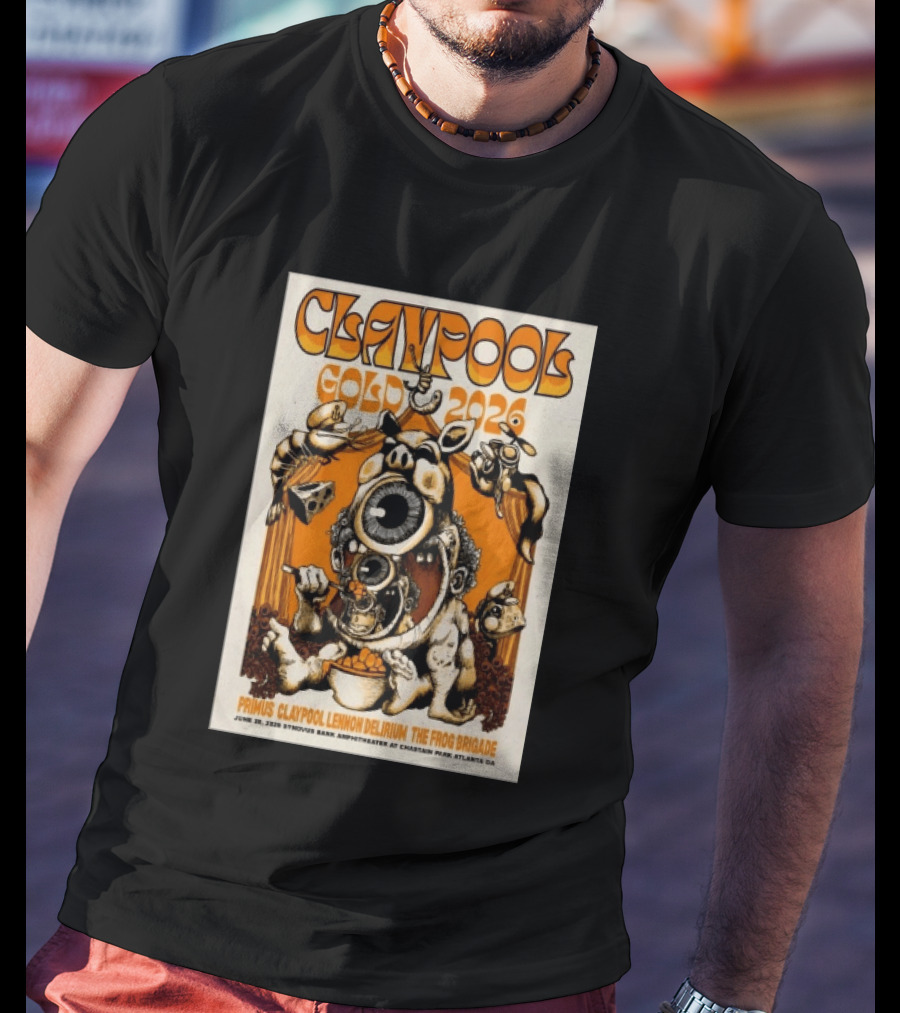 Les Claypool Gold 2026 Primus Delirium Frog Brigade June 20 Synovus Bank Amphitheater Atlanta T-Shirt