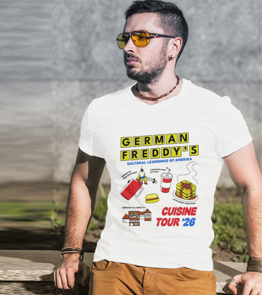 German Freddy's Cultural Learnings Of America Cuisine Tour '26 Village Fest Waffle Burger Soda T-Shirt