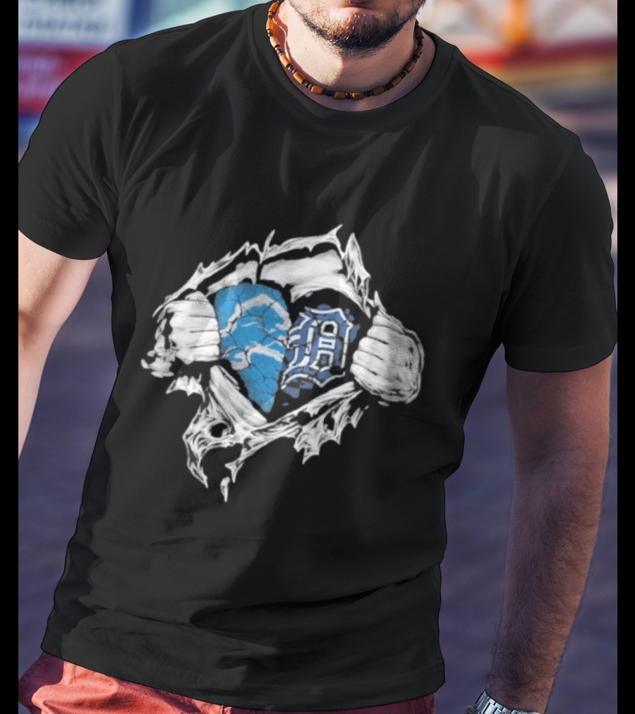 Detroit Lions Tigers Heart Ripped Design Collaboration Sports Fandom T-Shirt