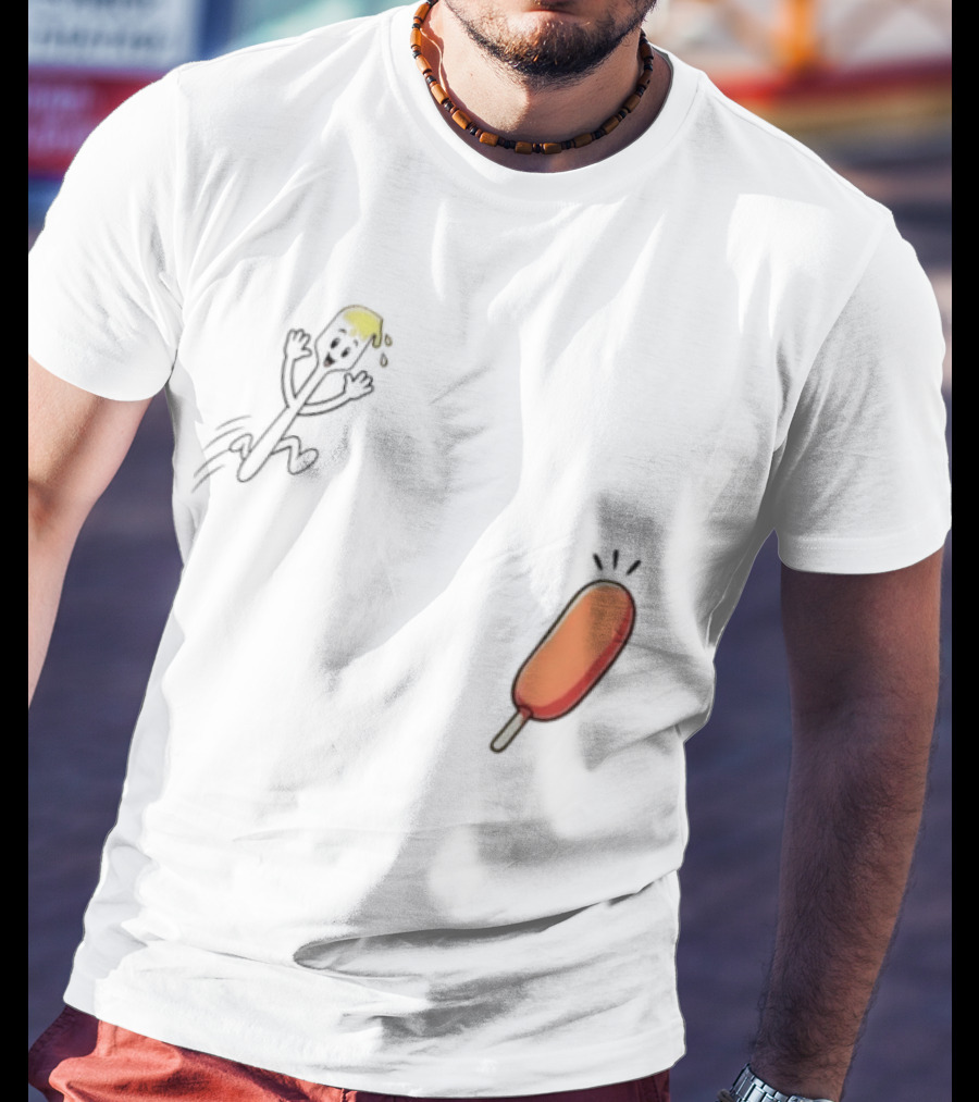 Spork Vs Corn Dog Humorous Food Chase Cartoon T-Shirt