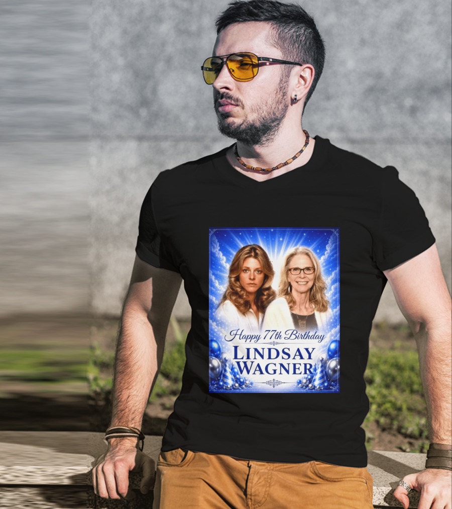 Happy 77th Birthday Celebration Lindsay Wagner Blue Party Balloons T-Shirt