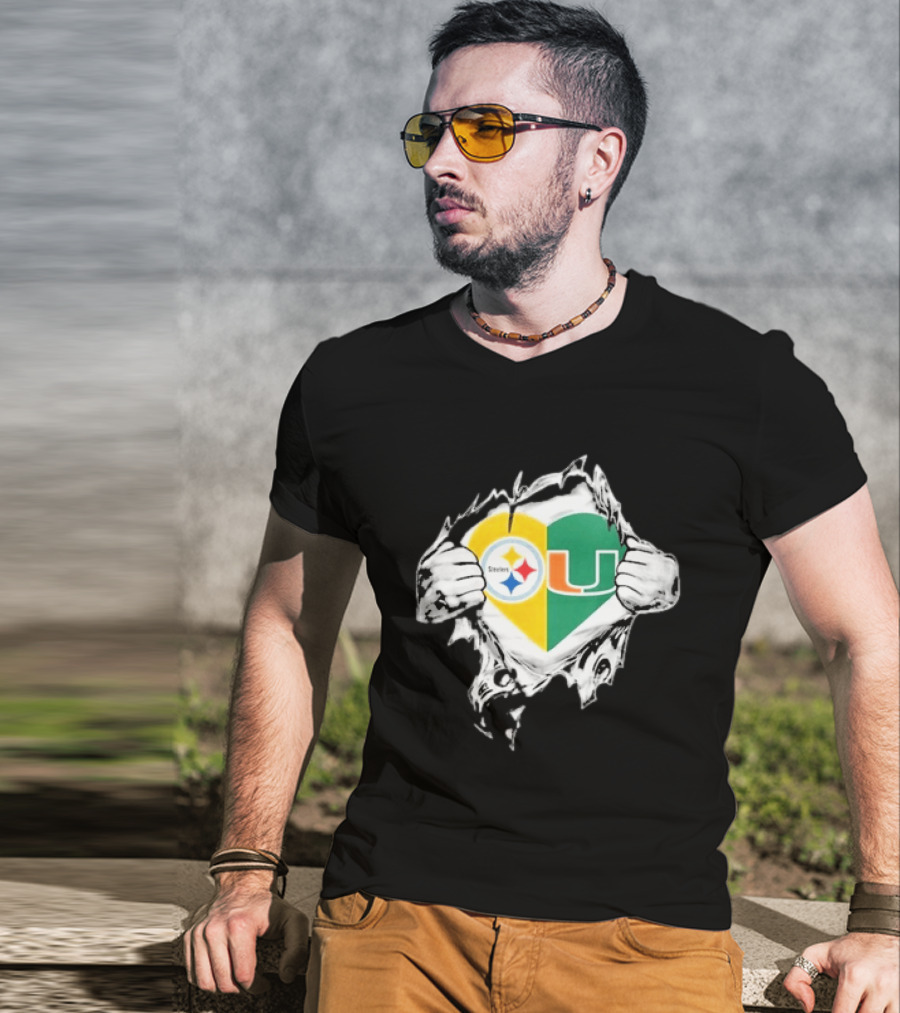 Steelers Miami Hurricanes Heart In My DNA Hands Football Fan Pride T-Shirt