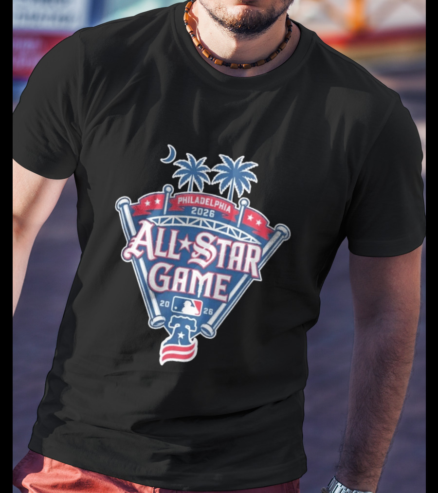 MLB All Star Game Philadelphia 2026 Palm Trees Baseball Bat Logo Night Skyline T-Shirt